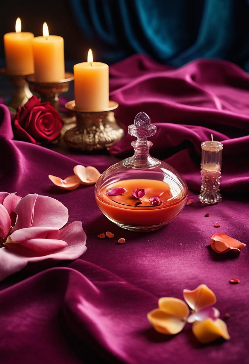 A colorful array of sensual toys and X-rated items spread artfully on a plush velvet surface, with soft lighting creating an intimate ambiance. Include playful shapes and textures, like silky fabrics and glossy materials, to invite exploration. In the background, a hint of a romantic atmosphere with candles and rose petals. Emphasize warmth and allure, capturing the essence of discovery and connection. super-realistic. vibrant colors. soft focus.